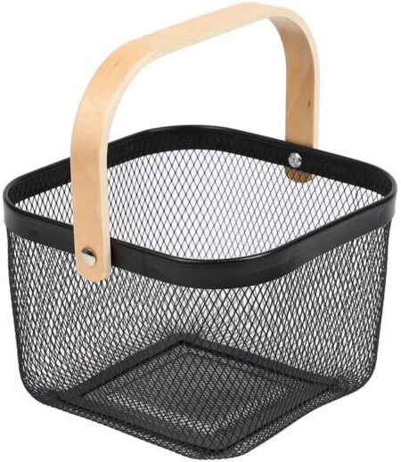 Storage Basket With Wooden Handle - Black